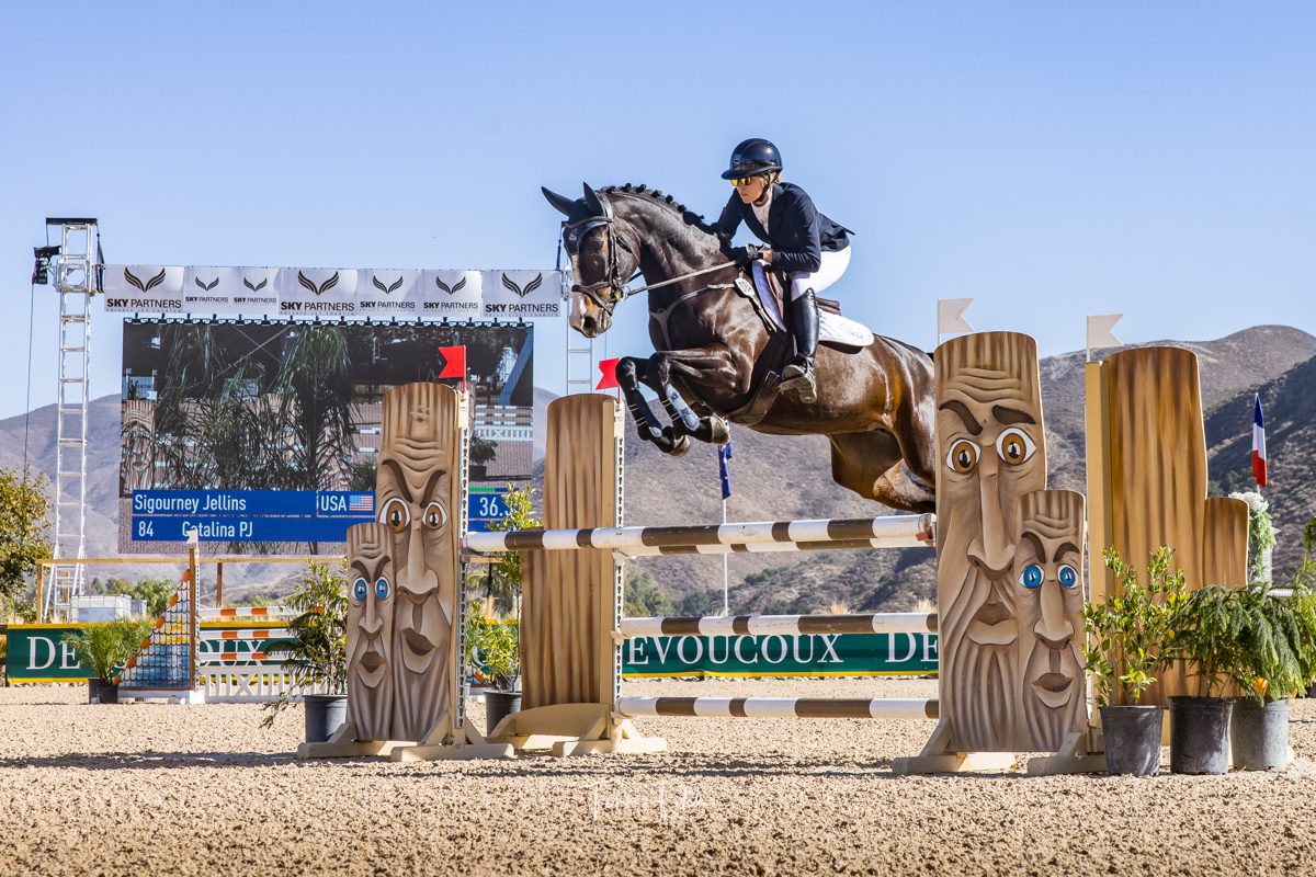Sigourney Leigh Jellins jumping a show jumping fence in competition
